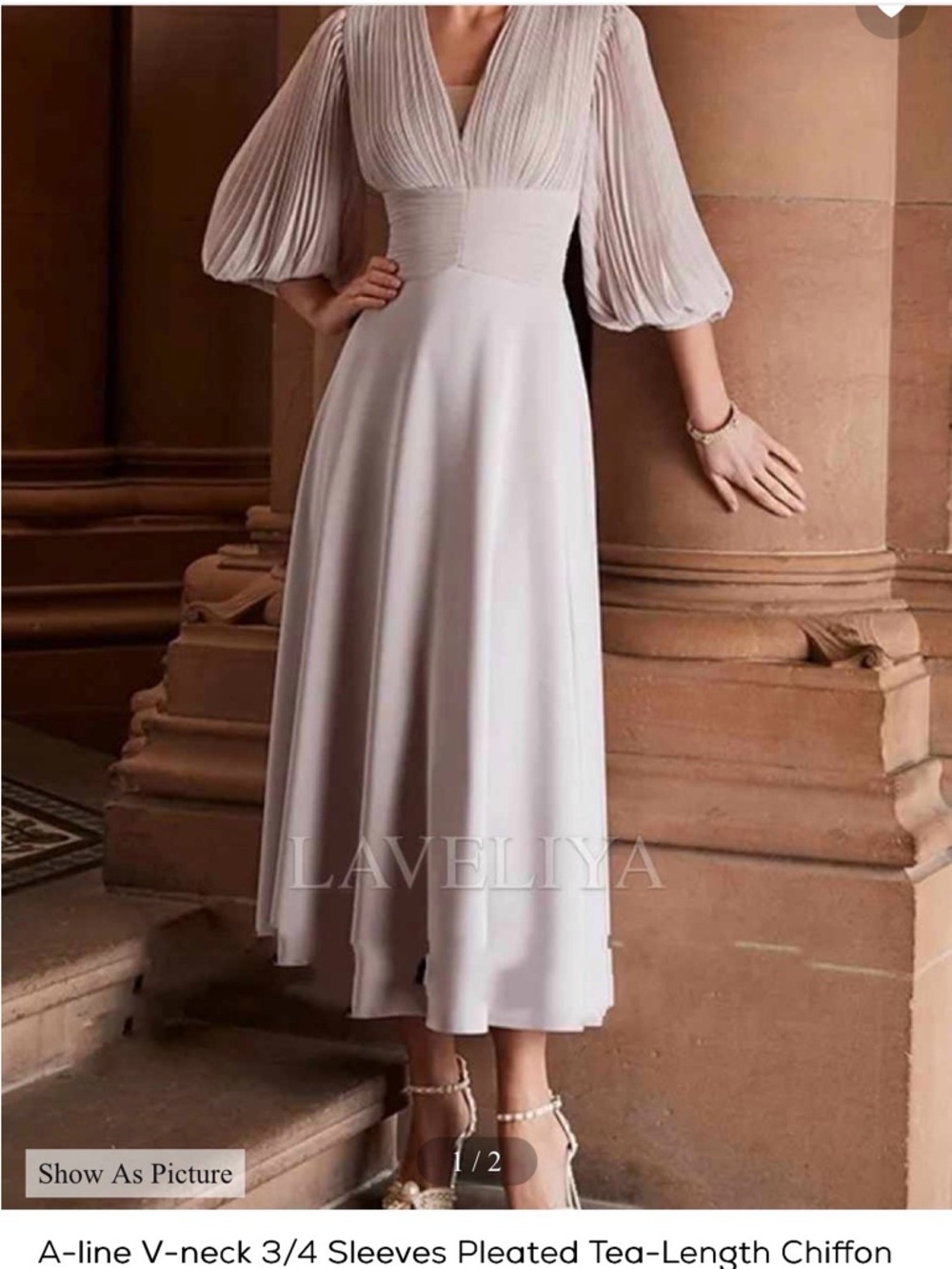 Pleated V-Neck Midi Dress in dusty blue